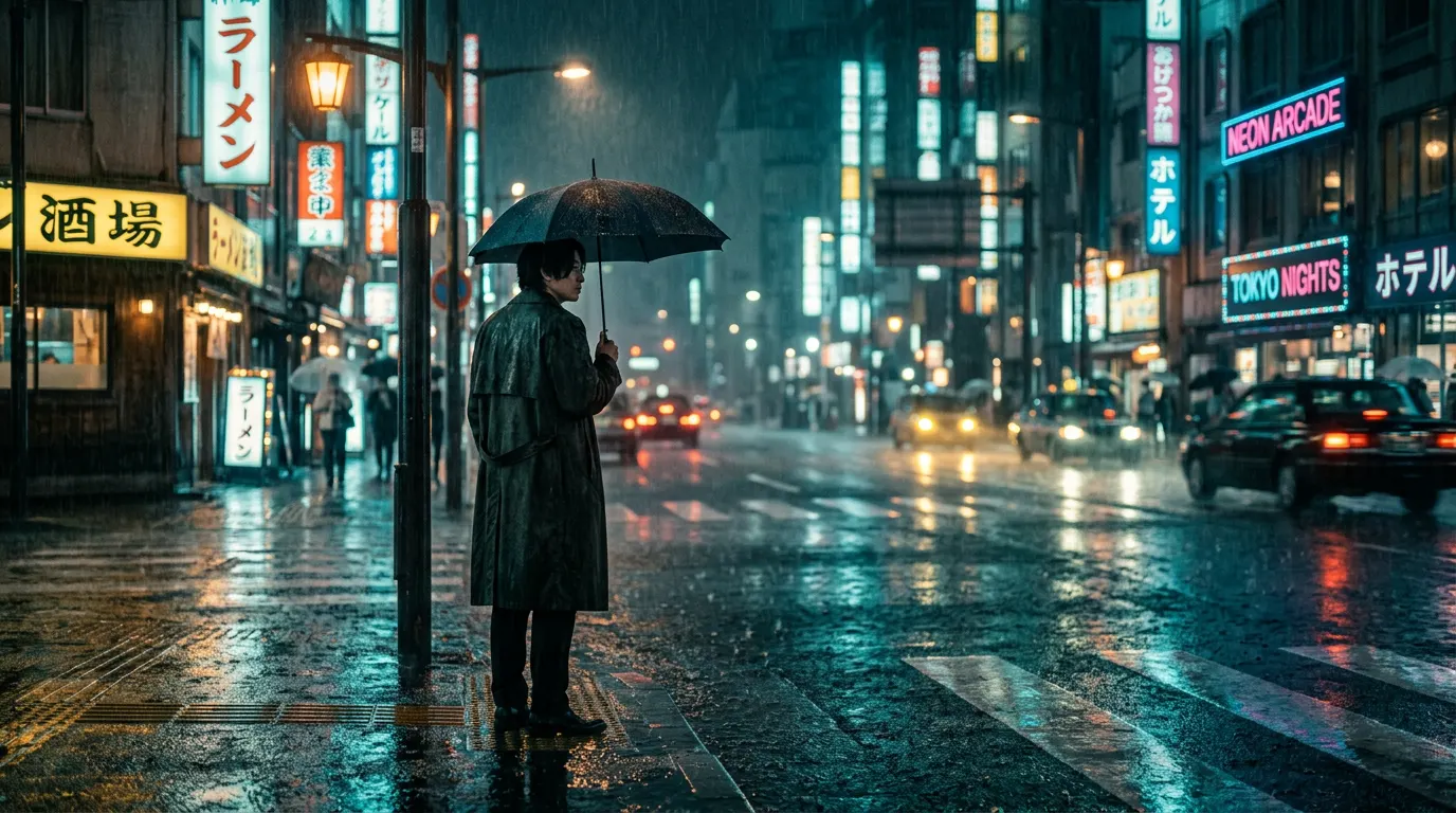 A figure with an umbrella on a neon-lit street at night